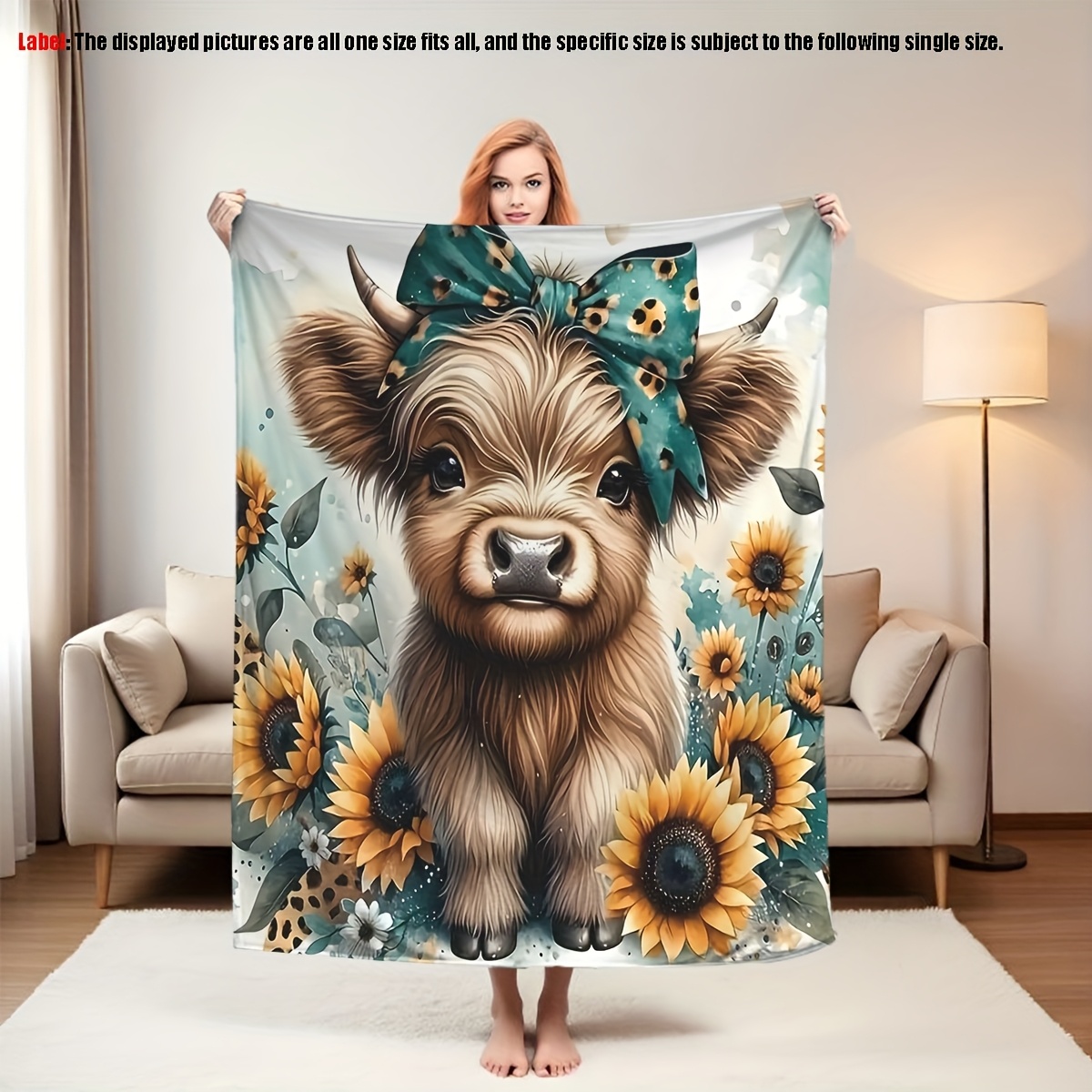 Highland Home Textiles - Niedliche Baby Highland-Kuh Sonnenblumen-Leoparden-Schleifen-Druck Flanelldecke Aquarell