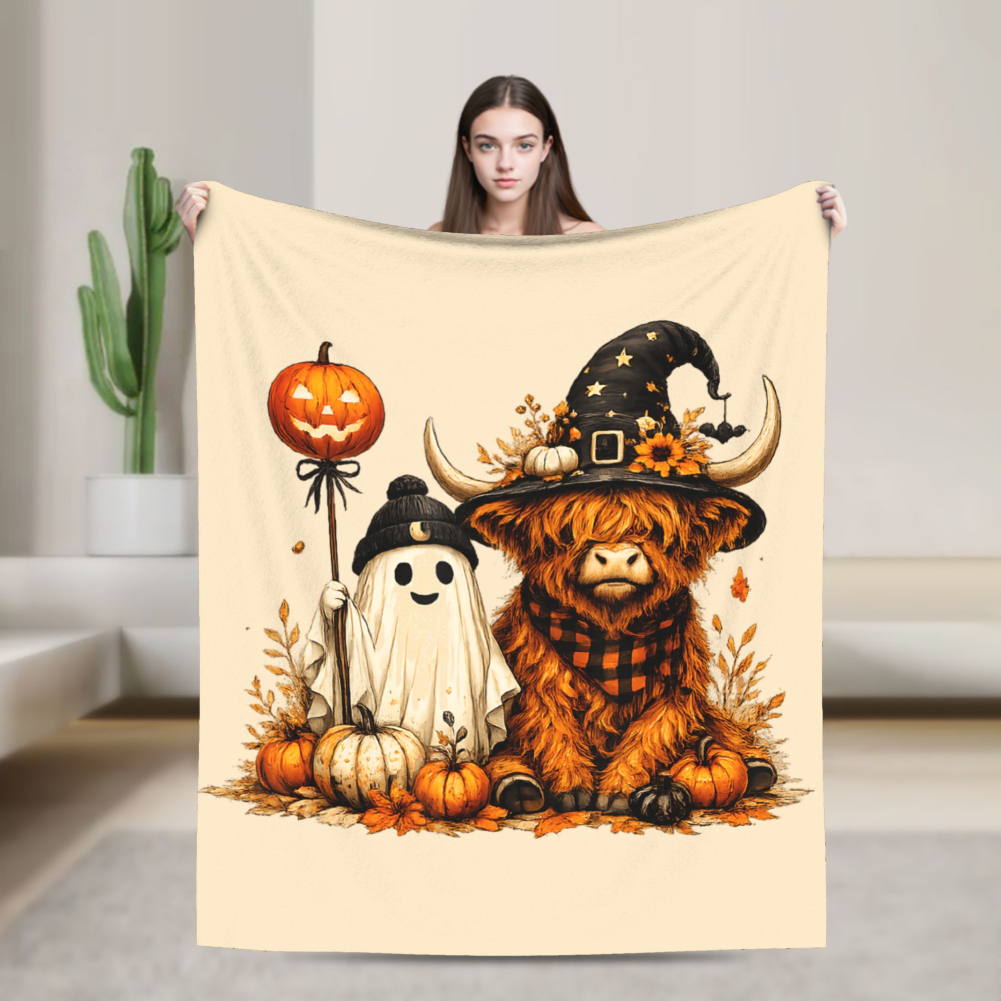 Highland Home Textiles - Halloween Highland Cow Decken, gruselige Herbst-Flanelldecken,